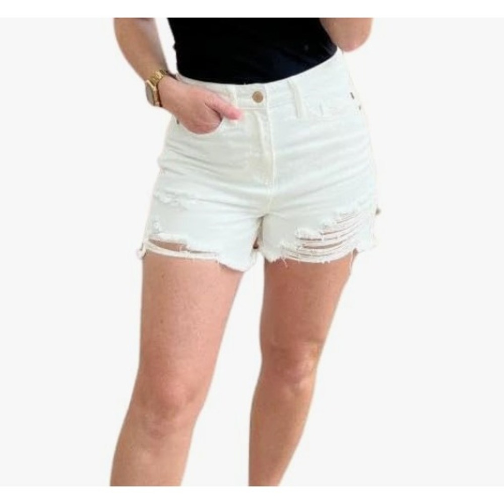 Judy Blue White High Waist Rigid Front Stretch Back Distressed Denim Shorts XL